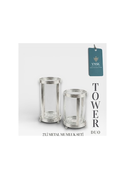 Chacha Home Luxury Tower Dou İthal 2'li Lüks Metal Mumluk Seti Gümüş