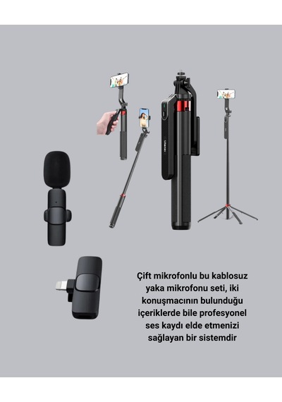 Zengemtx Vlog Ve Canlı Yayın İçin Çift Yaka Mikrofonu Ve Tripodlu Selfie Çubuğu Seti