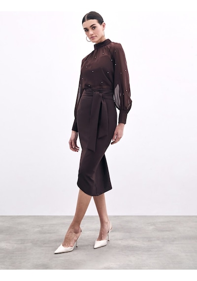 Sateen Kuşaklı Kalem Etek - Kahve-133816 Kahve