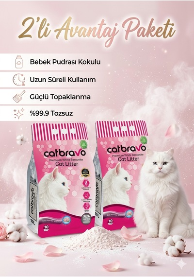 Catbravo Doğal Bentonite- Süper Topaklanan Bebek Pudrası Kokulu Kedi Kumu 10 Lt X 2 Adet