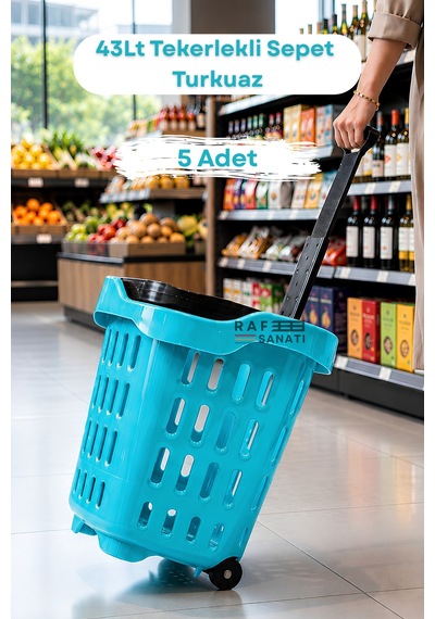 5 Adet - 43 Lt Tekerlekli Market Sepeti Plastik Alışveriş Sepeti Ergonomik Çift Saplı Turkuaz