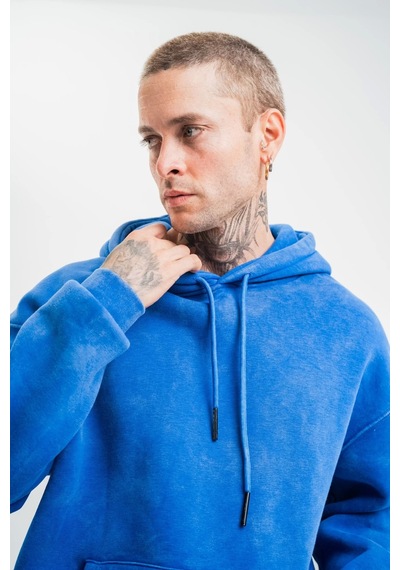 Unisex Double Oversize Kapşonlu Yıkamalı Sweatshirt - Mavi Mavi
