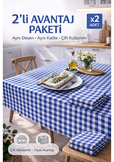 2'li Paket Küçük Kare Desen Pötikareli Masa Örtüsü, Sofra Bezi, Piknik Örtüsü 170 X 170 Cm Lacivert