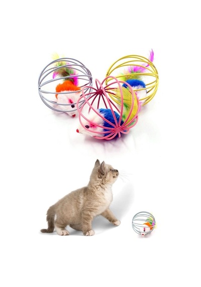 Renkli Metal Kafesli Peluş Fareli Kedi Köpek Oyuncağı Oyun Topu 6 Cm 5468