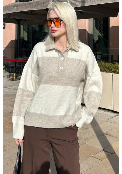 Madmext Bej Düğmeli Polo Yaka Çizgili Kadın Kazak Mg2286 Bej