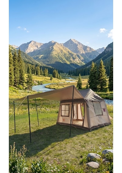 Shufa 260 220 200 Cm Otomatik Şişme Kamp Çadırı, Yağmur Brandası Ve 330 270 Cm Bağlantılı Gölgelik Dahil, 2 Büyük Şeffaf Tavan Pencereli, Aile Outdoor Kamp Çadırı Bej
