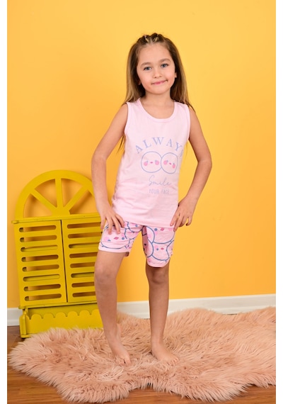 Kız Çocuk Askılı Pijama Takımı Always Smile Somon Pembe