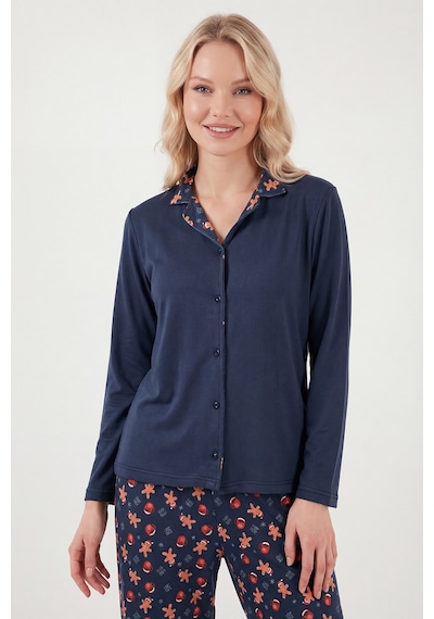 Lela Desenli Regular Fit Apaş Yaka Beli Lastikli Bol Paça Bayan Pijama Takımı 65714300 Lacivert