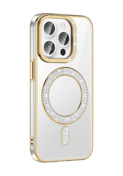 Apple Uyumlu iPhone 14 Pro Max Kılıf Pırlanta Taş Tasarımlı M-safe Şarj Özellikli Zore Karetta Silikon Kapak Gold