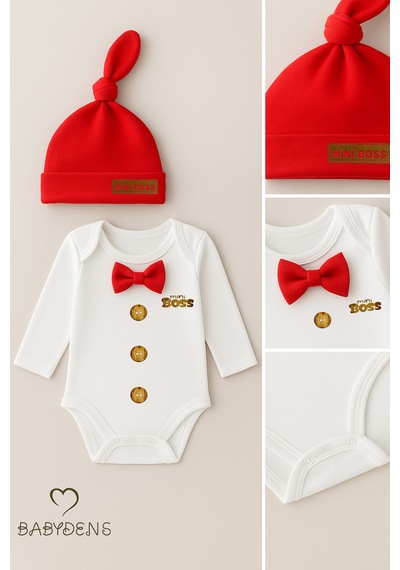 Babyden's Mini Boss Papyonlu Erkek Bebek Zıbın Seti Şapkalı Yenidoğan Bebek Body Takım Kırmızı