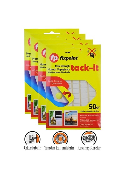 Hamur Yapıştırıcı Tack-it 50gr 4 Paket Fixpoint 65 Parça Macun Sakız Yapıştırıcı Takıt Çerçeve Afiş Duvar İz Bırakmaz