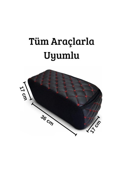 Lüks Oto Kolçak Kol Dayama Koltuk Arası Organizer Cepli Vidasız Montaj Siyah Deri Kırmızı Dikiş