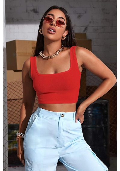 Moon Wear Kadın Kırmızı Kalın Askılı Crop Top Büstiyer Kırmızı
