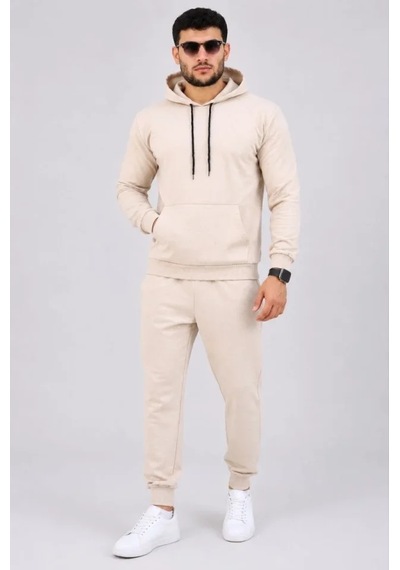 Oada Erkek İki İplik Kapüşonlu Kanguru Cepli Sweatshirt Jogger Pantolon Alt Üst Eşofman Takımı -bej