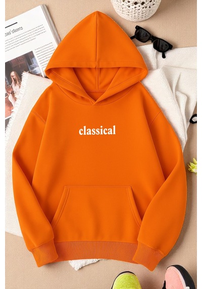 Uyguntarz Unisex Classical Baskılı Oversize Sweatshirt Turuncu