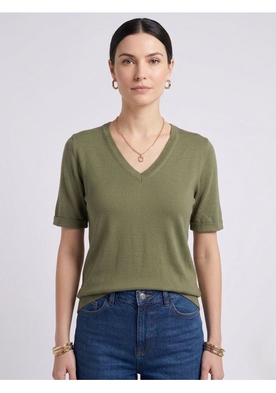 Neden Tekstil Kadın V Yaka Kısa Kollu Basic T-shirt - Yeşil