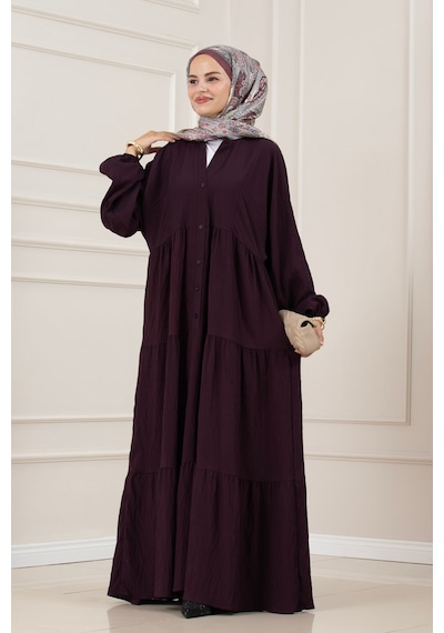 Sevitli Lilyum Kumaş Robalı Katya Elbise-mürdüm-5852