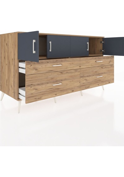 Kronos Konsol 2 Raflı 4 Çekmeceli 4 Kapaklı 176x59x99 Çam-antrasi Çam-antrasit/çam