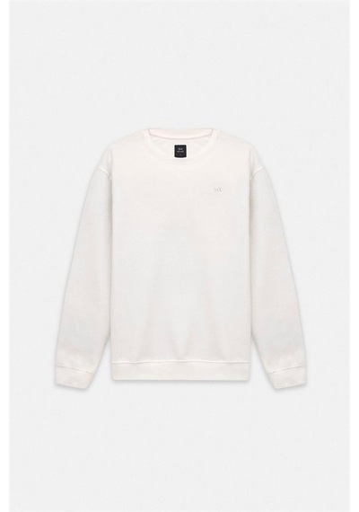 Süvari Beyaz Regular Düz Baskılı Düz Bisiklet Yaka Cepsiz Ribanalı Sweatshirt Sw2013700001-bey