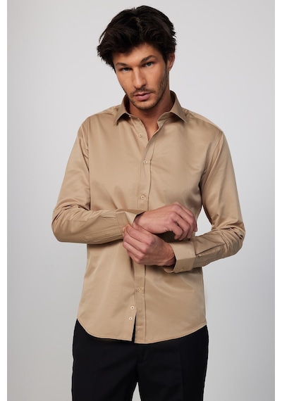Tudors Modern Slim Fit Uzun Kollu Düz Saten Pamuklu Erkek Krem Gri Gömlek-23059 Krem