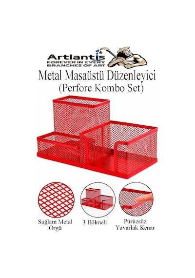 Masaüstü Metal Kalemlik Seti 3 Lü Kombo 1 Paket Fileli Perfore Renkli Kalemlik Kağıtlık Küpnotluk Düzenleyici Kırmızı