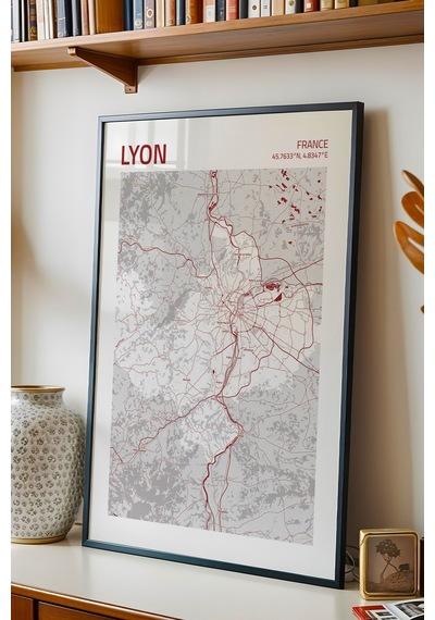 Lyon Fransa France Haritası Çerçeveli Tablo Lüks Salon Ofis Duvar Dekorasyonu Hediyelik Tablo