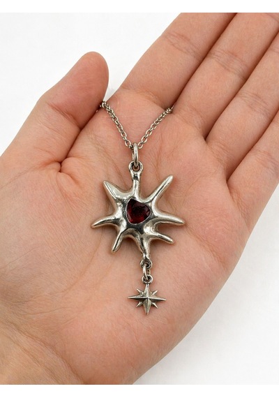 Gotik Güneş Form Kırmızı Detaylı Unisex Kolye 60 Cm Metal Zincir Çok renkli