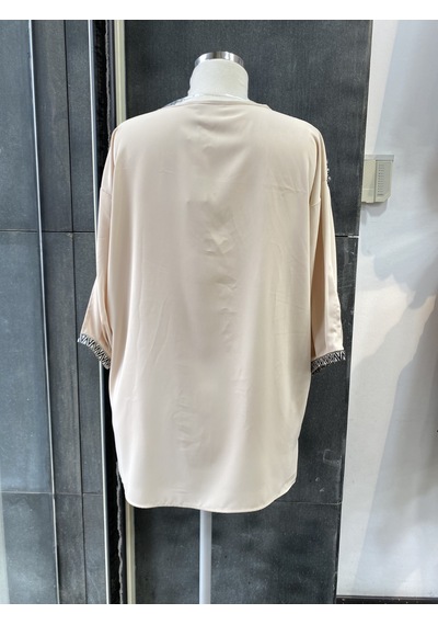 Pera Moda Büyük Beden Yakası Ve Kol Manşeti Taşlı Oversize Uzun Gömlek Taş