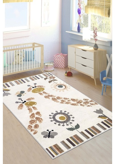 West Home Makinede Yıkanabilir Kaymaz Taban Leke Tutmaz Hayvan Figürlü Bebek Ve Çocuk Halısı Wh 571 Beige