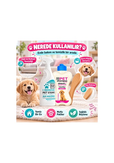 Yavru Köpek İlk Bakım Seti 750 Ml Leke Ve Koku Giderici + 400 Ml Puppy Şampuan + Minik Tüy Fırçası