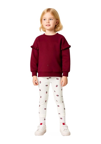 Ersefa Kız Çocuk Örme Sweatshirt Ve Tayt Seti Sevimli Baskılarla Günlük Bordo