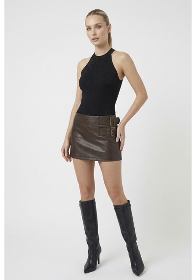 Neden Tekstil Kadın Taşlı Fitilli Halter Yaka Crop Bluz - Siyah