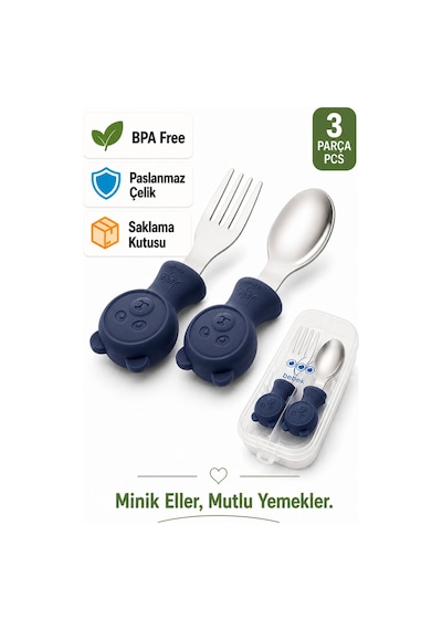 Jojobebek Kaşık Çatal Seti, Ergonomik Kısa Saplı Silikon, Paslanmaz Çelik Uçlu, Saklama Kutulu, (9-24 Ay) (LACİVERT)