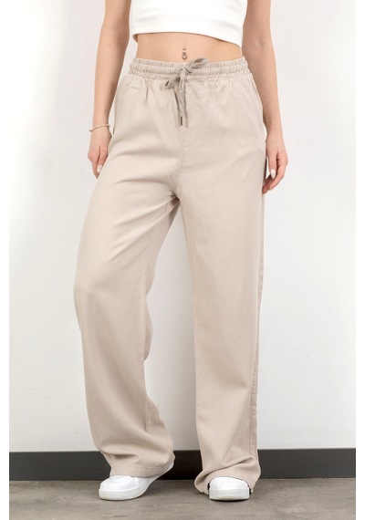 Giysa Kadın Beli Lastikli Bağcıklı Bol Paça Pantolon Taş - 4707 Taş