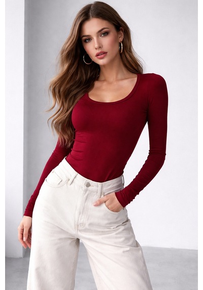 Wild Bee Kadın Bordo U Yaka Esnek Uzun Kollu Pamuklu Bluz