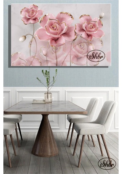 Tekli, Yatay, Kanvas, Dekoratif, Duvar, Tablosu , Pembe Gold Detaylı 3d Güller,