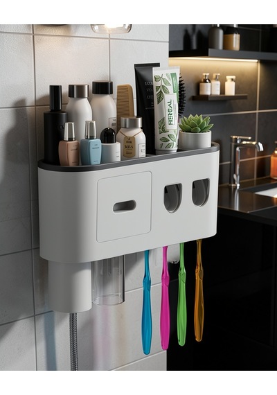 Banyo Organizer Diş Fırçası Tutucu Çift Dispenserli 6 Fırçalık Beyaz