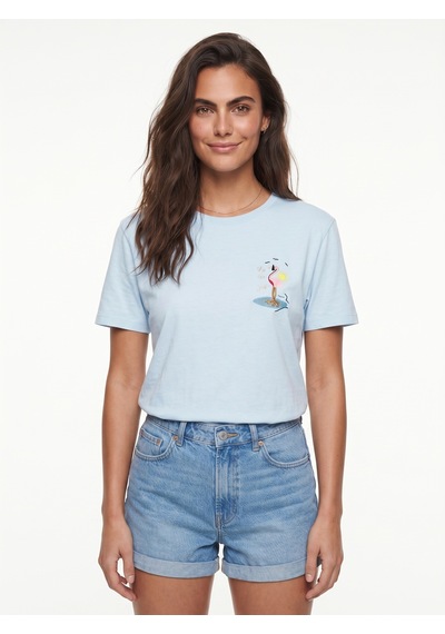 Onloox Kadın Bebe Mavisi Bebe Mavisi Pamuklu Bisiklet Yaka Kısa Kollu Flamingo Nakış Detaylı Minimal Tasarım T-shirt