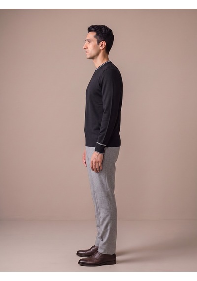 Maccali Erkek Siyah Kontrast Şeritli Bisiklet Yaka Triko Sweatshirt