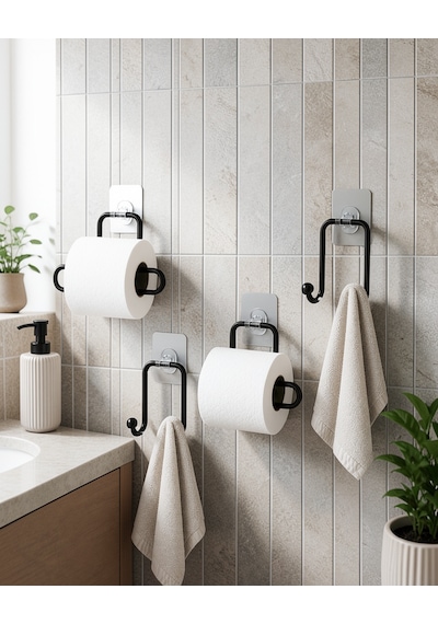 Yapışkanlı Banyo Seti 2 Rulo Tutucu 2 Havlu Askılığı Siyah