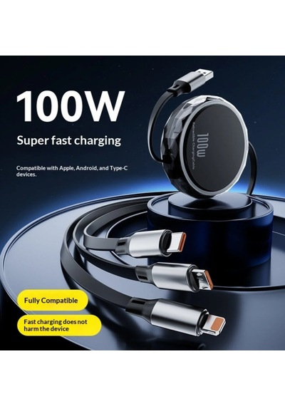 5 Adet 3in1 Makaralı Çoklu Şarj Kablosu 100w Hızlı Şarj - Type-c, Lightning, Micro Usb Geri Çekilebilir Data Kablosu