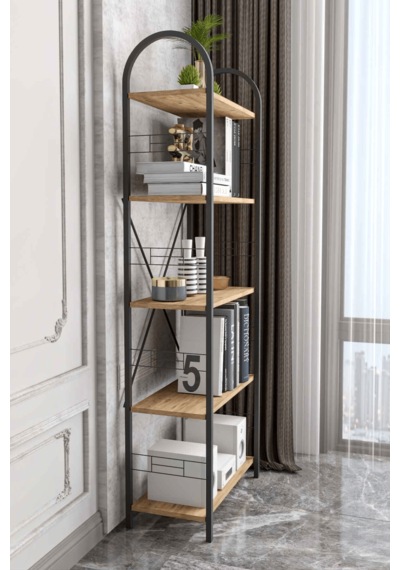 Reyo Falez 5 Geniş Raflı Kitaplık Metal Çerçeveli Modern Raf Çalışma Odası Ofis Salon Kitaplığı Evrak Rafı 180 Cm Atlantik Çam Beyaz