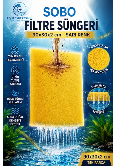 Sobo Akvaryum Filtre Süngeri 90x30x2 Cm - Üstün Temizlik Gücü Ve Yüksek Su Geçirgenliği - Sarı Renk