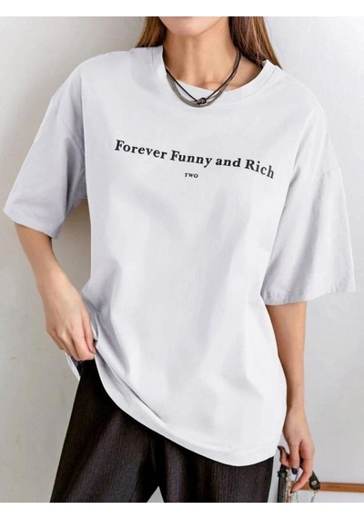 Flood Of Style Kadın Beyaz Funny And Rich Baskılı Oversize T-shirt