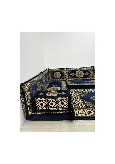 Güneş Modeli Lacivert Otantik Şark Köşesi Takımı L Set - Geleneksel Yer Minderi Seti 10 Cm Minder Kalınlığı 10 Parça