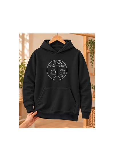 Mor Mürekkep Kam Davulu Baskılı Kapüşonlu Sweatshirt - Siyah