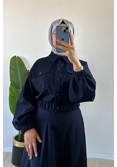 Merve Akyol Moda Bomber Ceketli Etekli Takım Lacivert