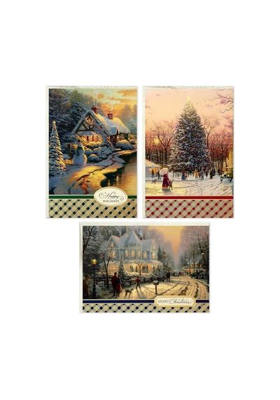 Thomas Kinkade Noel Kartı Çeşitleri, Karlı Sahneler 3 Tasarım, Zarflı 24 Kart