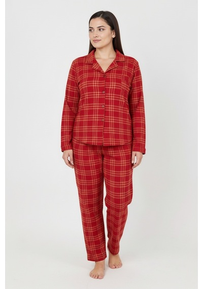 Bravie Luxury Soft Kırmızı Ekose Desenli Uzun Kollu Kadın Pijama Takımı Büyük Beden 3018 Kırmızı