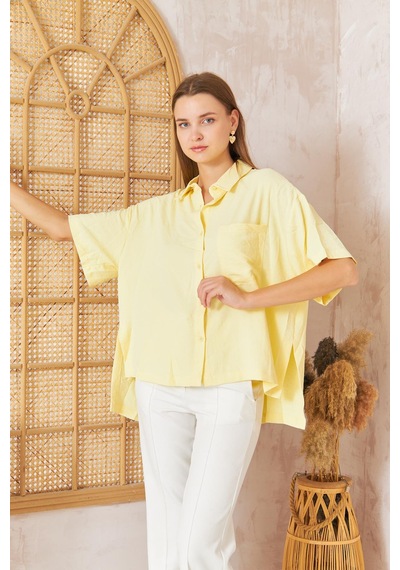 Darlin Moda Kadın Sarı Bol Kesim Kısa Kollu Gömlek Dm9005 Sarı